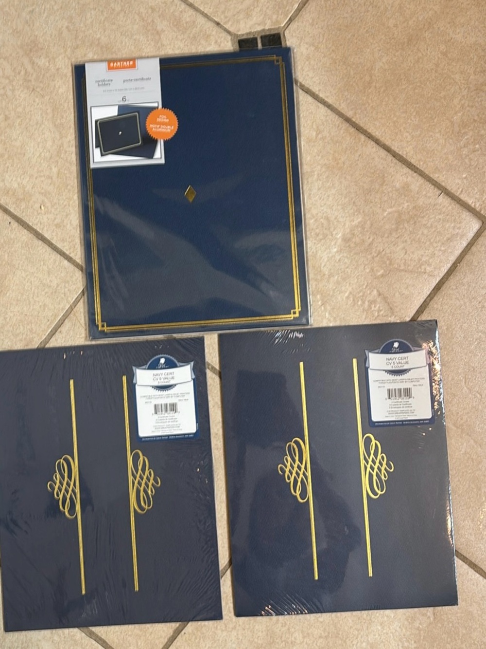 Navy Blue Gold-Trim Certificate Holders - 3 sets (16 total certificates)
